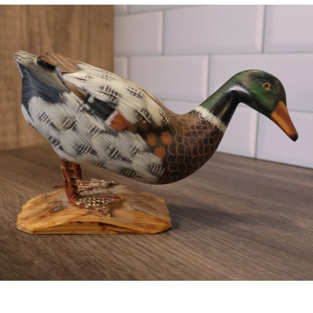 Vintage Hand Carved Painted Standing Mallard Duck Sculpture Wood Base Folk Art